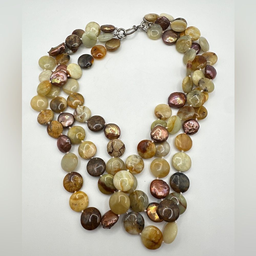 18",‎ three strand jasper and pearl disk necklace with sterling silver clasp!
